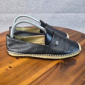 Michael Kors Black Leather Espadrille Flats MK Logo Slip On Shoes Womens 7M